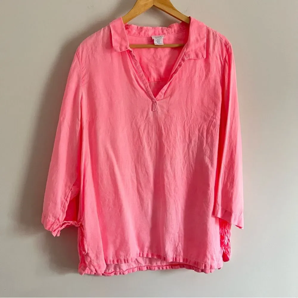 Sigrid Olsen 100% Linen Tunic Top Size L Pink Drawstring Side Lightweight Beachy - Picture 2 of 7
